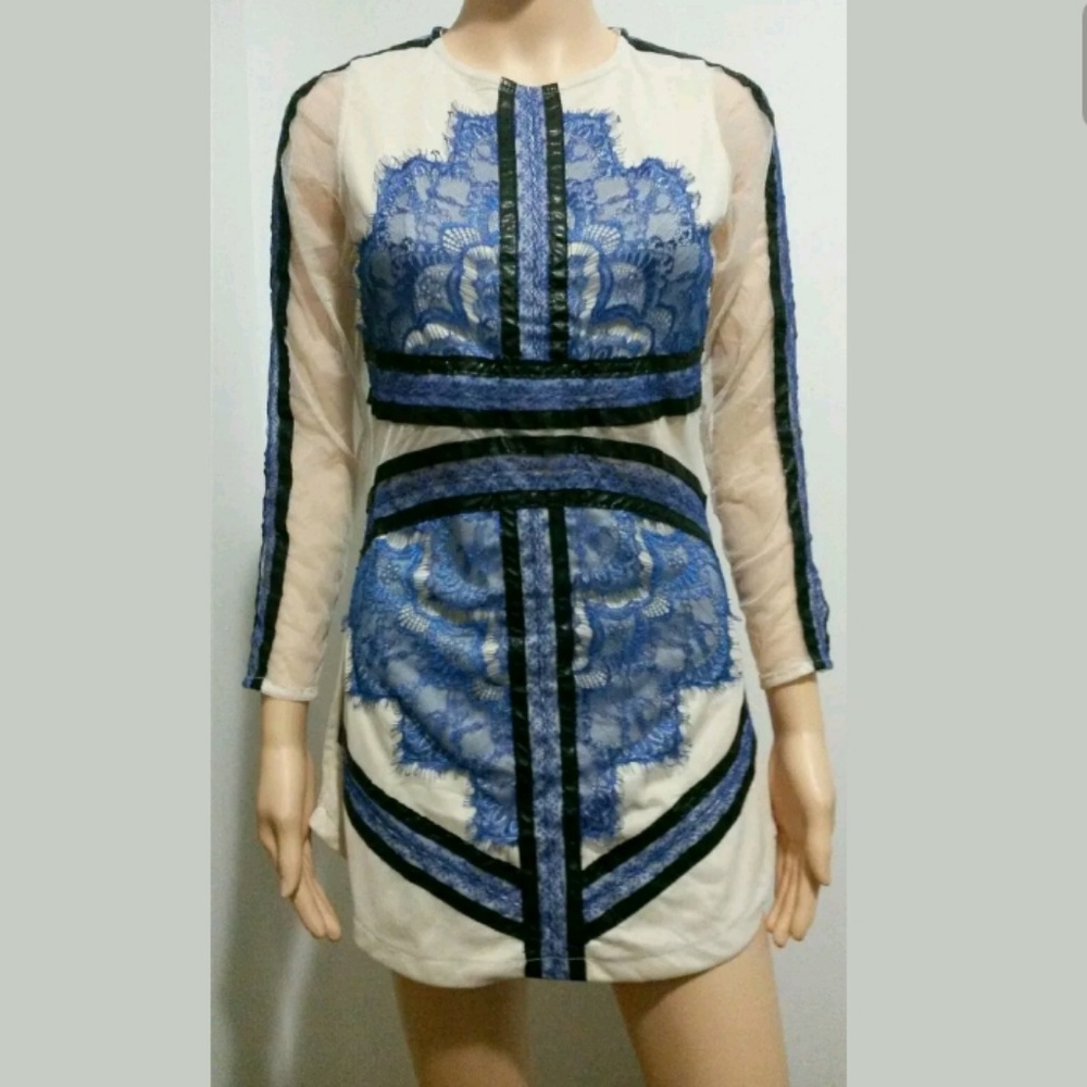 Blue Black Long Sleeve Contrast Faux Leather Eyela